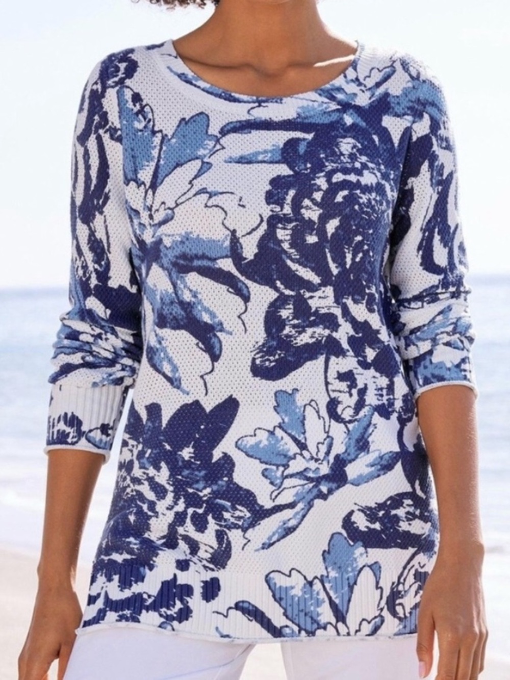 Soft Surroundings Women 1X Blue Floral Waffle Knit Cotton Marin Sweater NWT